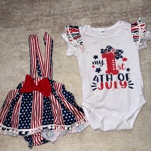 "My First 4th Of July" Romper and Suspender Skirt Size 6-9M
